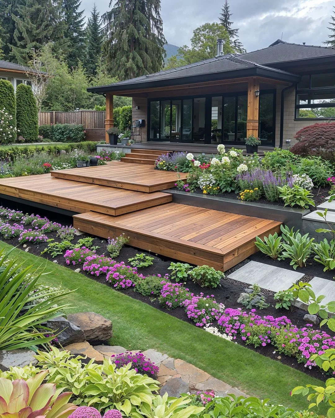This tiered deck surrounded by layered garden beds shows how landscaping can soften even a very structured deck design. The stepped decking mirrors the slope of the yard, while the surrounding plants blur the edges so the deck feels integrated rather than built on top of the space. Mixing low-growing flowers, ornamental grasses, and evergreen shrubs keeps the garden interesting through the seasons without needing constant attention. This approach works beautifully for sloped backyards or larger spaces where you want the deck to feel calm and natural, and it’s a great reminder that thoughtful planting can make a deck feel finished from day one — even before furniture or decor are added.
