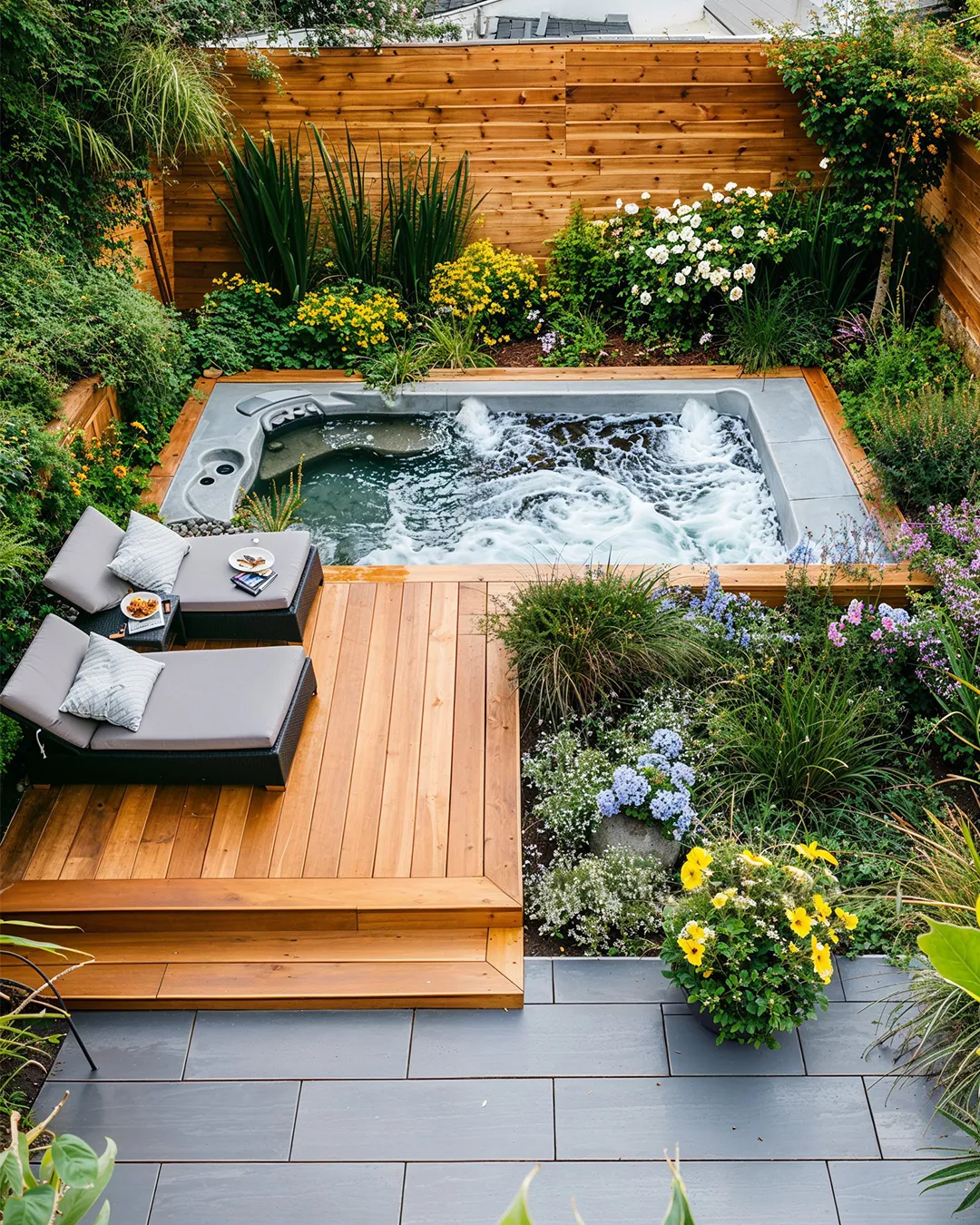 This ground-level backyard deck with a built-in hot tub is a great example of how decking can completely transform a smaller or awkward outdoor space. The deck sits flush with the garden, making it ideal for small yards or anyone who doesn’t want stairs breaking up the flow. Wrapping the hot tub into the deck keeps everything looking intentional (and much safer than a raised tub), while the surrounding planting softens the space and adds privacy. This style works especially well if you want a relaxing, spa-like setup without committing to a large, multi-level build — and it’s a smart option if you’re planning backyard deck ideas with hot tubs that still feel calm and uncluttered.