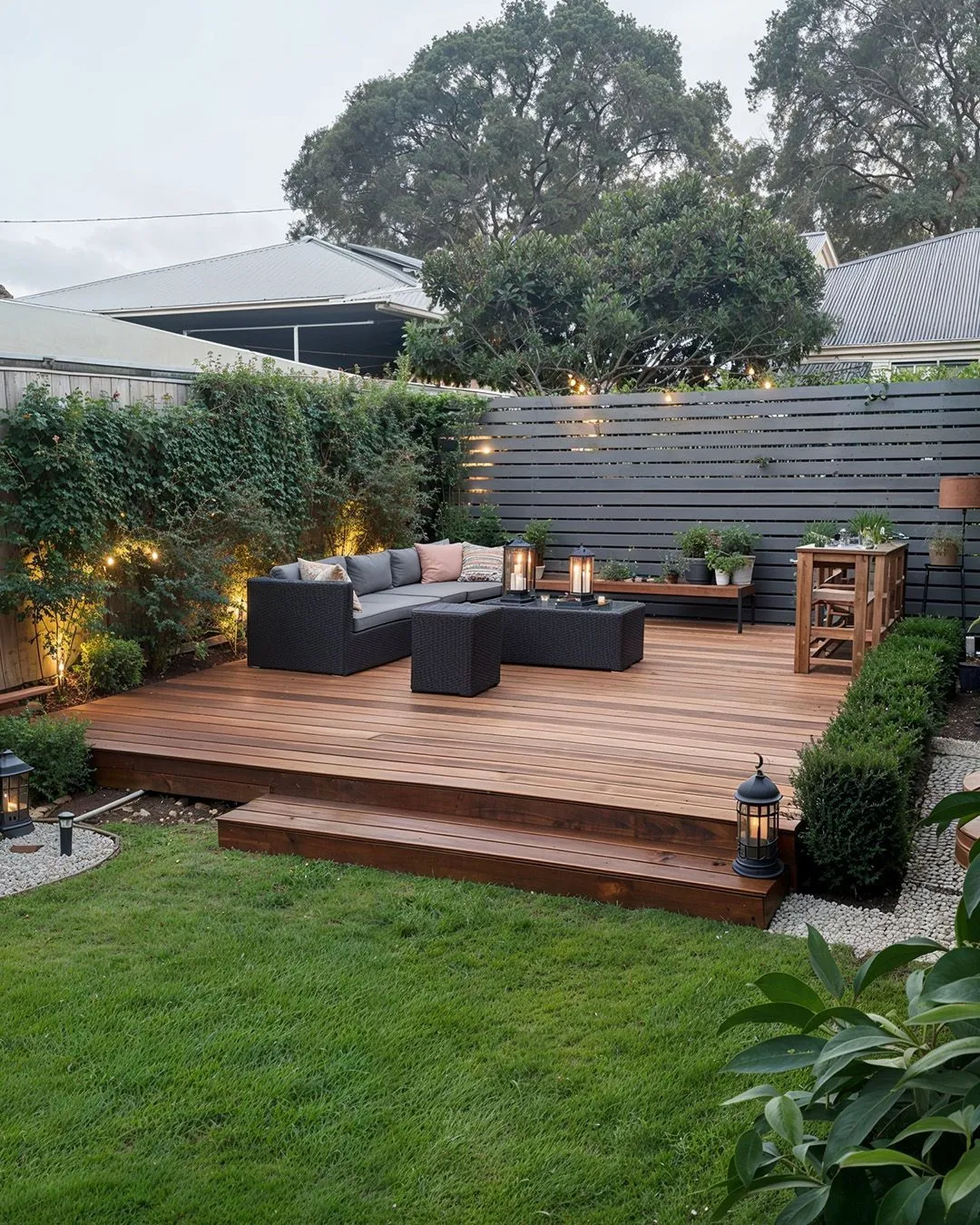 This simple deck landscaping idea with clean borders and soft lighting shows how a few well-chosen elements can make a deck feel finished without going overboard. The low hedge around the edges helps define the deck and adds structure, while gravel borders and lantern-style lights keep things tidy and low maintenance. A slatted fence at the back adds privacy without making the space feel closed in, which works especially well for small to medium backyards. This setup is perfect if you want deck landscaping ideas that feel calm, organised, and easy to live with — nothing fussy, just thoughtful details that make the space feel inviting day and night.