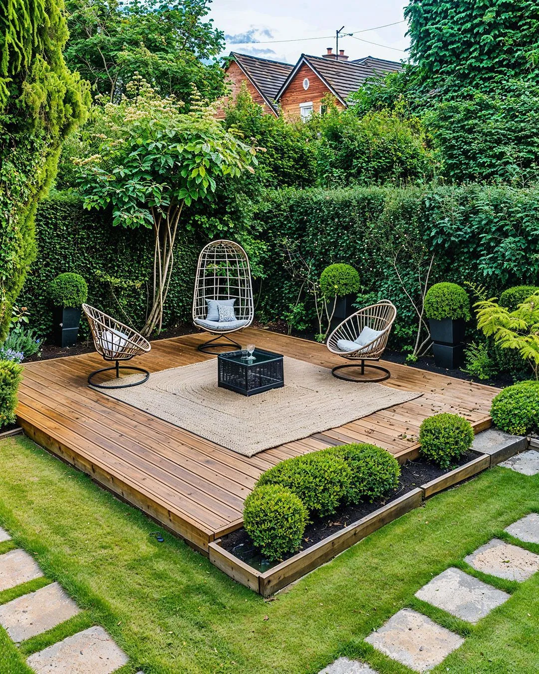 This ground-level deck surrounded by lush landscaping is a great example of how planting can completely change the feel of a simple deck. The low platform keeps things relaxed and accessible, while the layered shrubs, soft lawn edges, and stepping stones make the deck feel tucked into the garden rather than dropped on top of it. This style works especially well for small to medium backyards, where thoughtful landscaping helps define the space without fencing it off. If you want your deck to feel calm, cosy, and intentionally designed, this kind of greenery-heavy approach proves that landscaping is just as important as the decking itself.