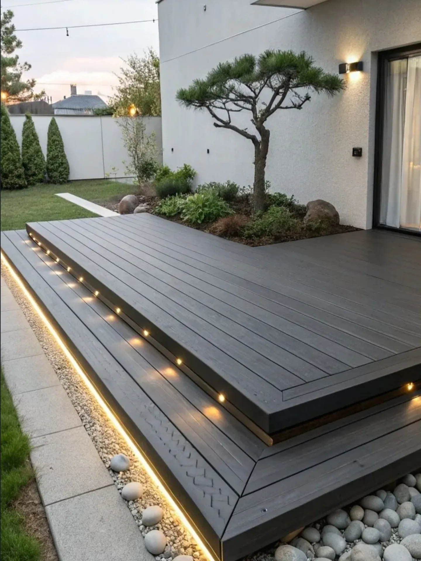 This modern deck landscaping idea with built-in lighting and minimal planting shows how less can really be more. The clean-lined deck is softened with subtle step lighting, gravel borders, and a small, sculptural tree that adds interest without cluttering the space. Instead of lots of flowers or busy beds, the landscaping focuses on contrast — smooth decking, stones, and a few carefully chosen plants. This style works especially well for small yards, modern homes, or anyone wanting low-maintenance deck landscaping ideas that still feel high-end. It’s a great reminder that thoughtful lighting and simple textures can define a deck just as effectively as full garden borders.