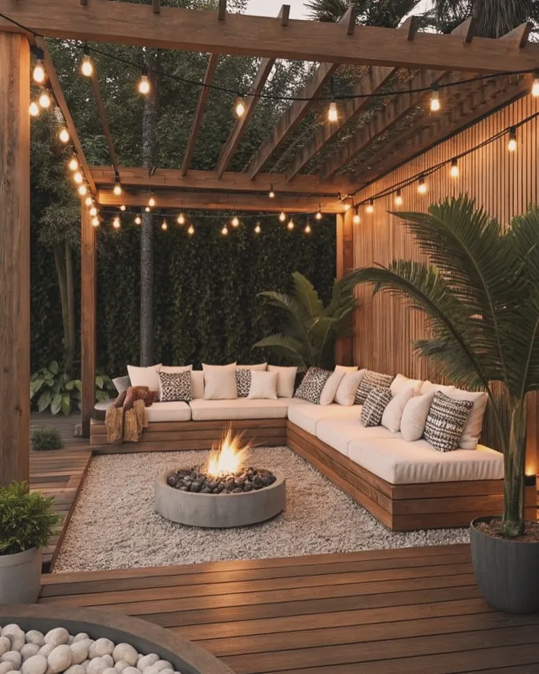 This deck landscaping idea with a pergola, fire pit, and privacy planting shows how you can turn a deck into a true outdoor room. The pergola creates a sense of enclosure without blocking light, while the slatted wall and surrounding greenery add privacy and warmth. Gravel under the seating zone helps define the space and keeps things low maintenance, and the fire pit instantly becomes the focal point for evenings outside. This setup works especially well for medium-sized backyards where you want a cosy, tucked-away feel, and it’s a great example of how layering landscaping, lighting, and structure can make a deck feel intentional rather than open and unfinished.