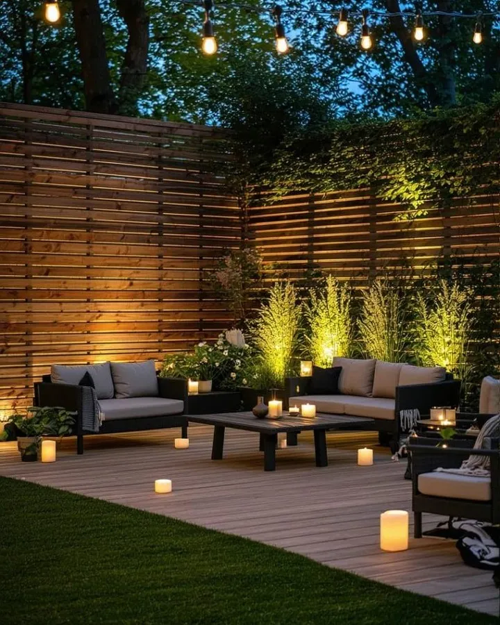 This deck landscaping idea focused on privacy screens and soft lighting shows how atmosphere can do just as much work as planting. The wooden slat screens create a cosy, enclosed feel, while uplighting behind simple greenery adds depth and warmth without needing a full garden bed. String lights overhead and candles at floor level make the deck feel inviting at night, even with minimal decor. This approach is ideal for small yards or low-maintenance spaces where you want impact without constant upkeep, and it’s a great reminder that lighting is one of the easiest, most budget-friendly ways to transform a deck once the sun goes down.
