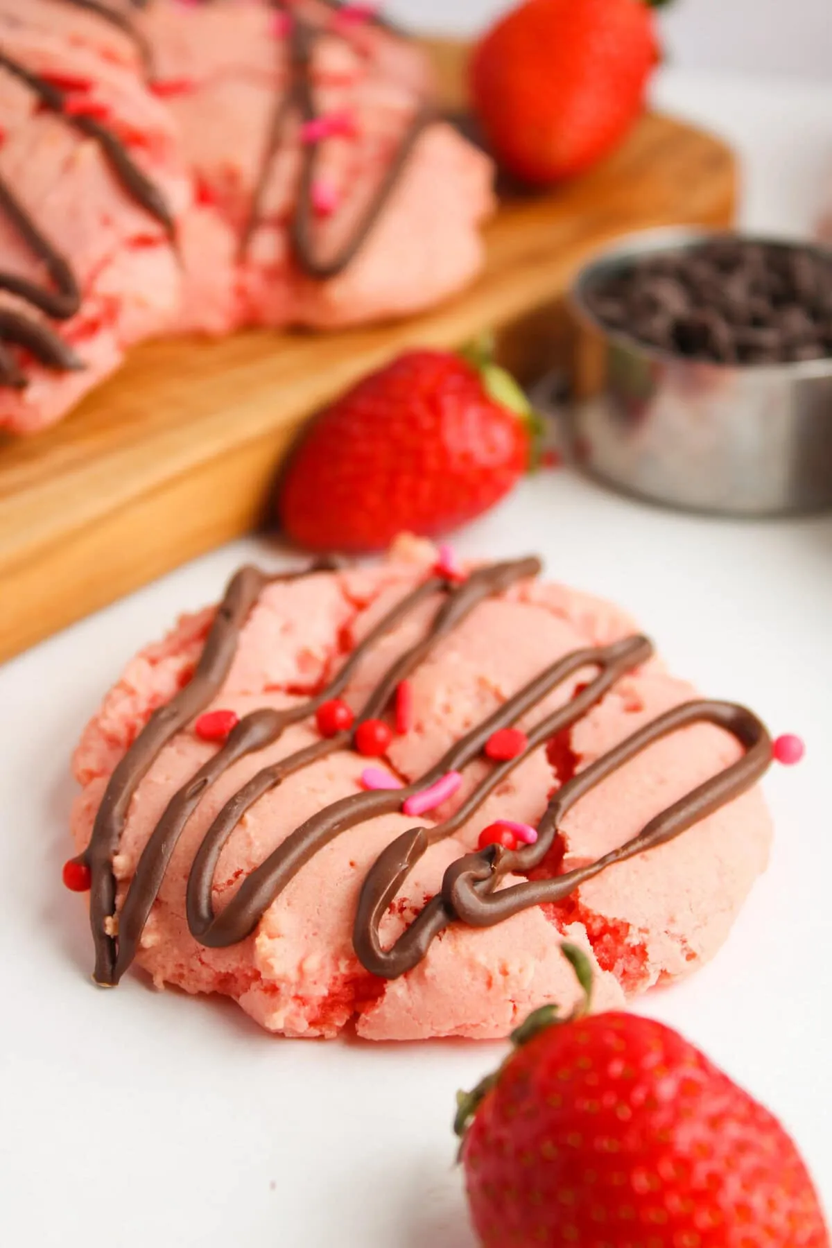 These chocolate covered strawberry cookies bring together two classic flavors in the best way. Soft strawberry cookies are finished with a drizzle of chocolate for a treat that feels extra special without being fussy. Perfect for Valentine’s Day, but just as good when a chocolate-strawberry craving hits any time of year.
