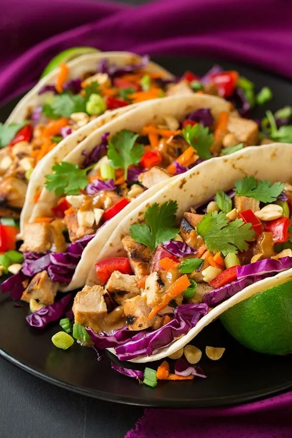 These Thai chicken tacos are filled with lightly charred, seasoned grilled chicken, crisp fresh vegetables, and a rich, creamy peanut sauce. Every bite is packed with flavor, making them a fun twist on classic soft taco recipes. A great option for weeknight dinners when you want something fresh, flavorful, and a little different.