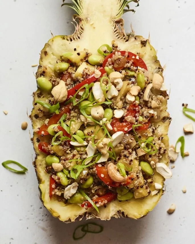 This healthy spin on fried rice swaps in quinoa and adds fresh pineapple, plenty of veggies, and edamame for a colorful, satisfying meal. It’s naturally vegan and gluten-free, and fun enough to serve straight from a pineapple boat if you’re feeling fancy. A great option when you want something light, fresh, and a little different that still works for easy weeknight dinners or make-ahead meals.