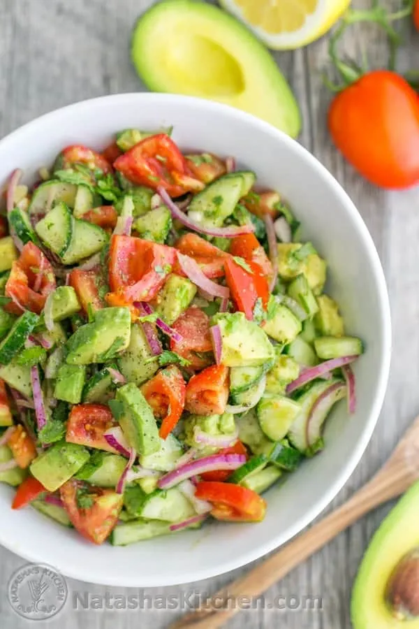 This cucumber, tomato, and avocado salad is fresh, colorful, and full of bright flavor. Tossed with a light lemon dressing and fresh cilantro, it’s an easy side dish that works beautifully for summer meals, barbecues, or simple weeknight dinners.
