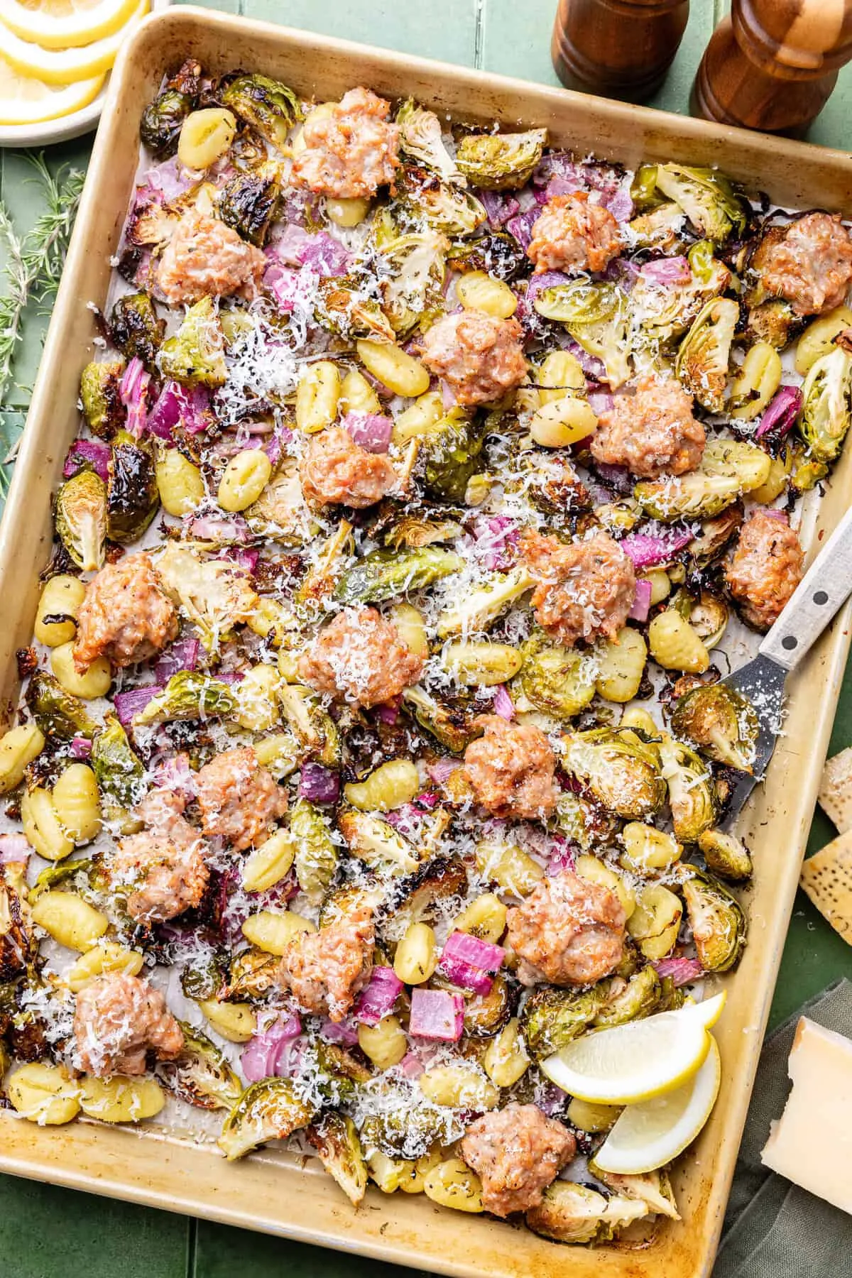 This lemon parmesan sheet pan gnocchi is topped with crumbled sausage and crispy shredded Brussels sprouts for loads of flavor in every bite. Everything cooks together on one pan, making it a quick, no-fuss option for busy weeknights when you still want something really satisfying.