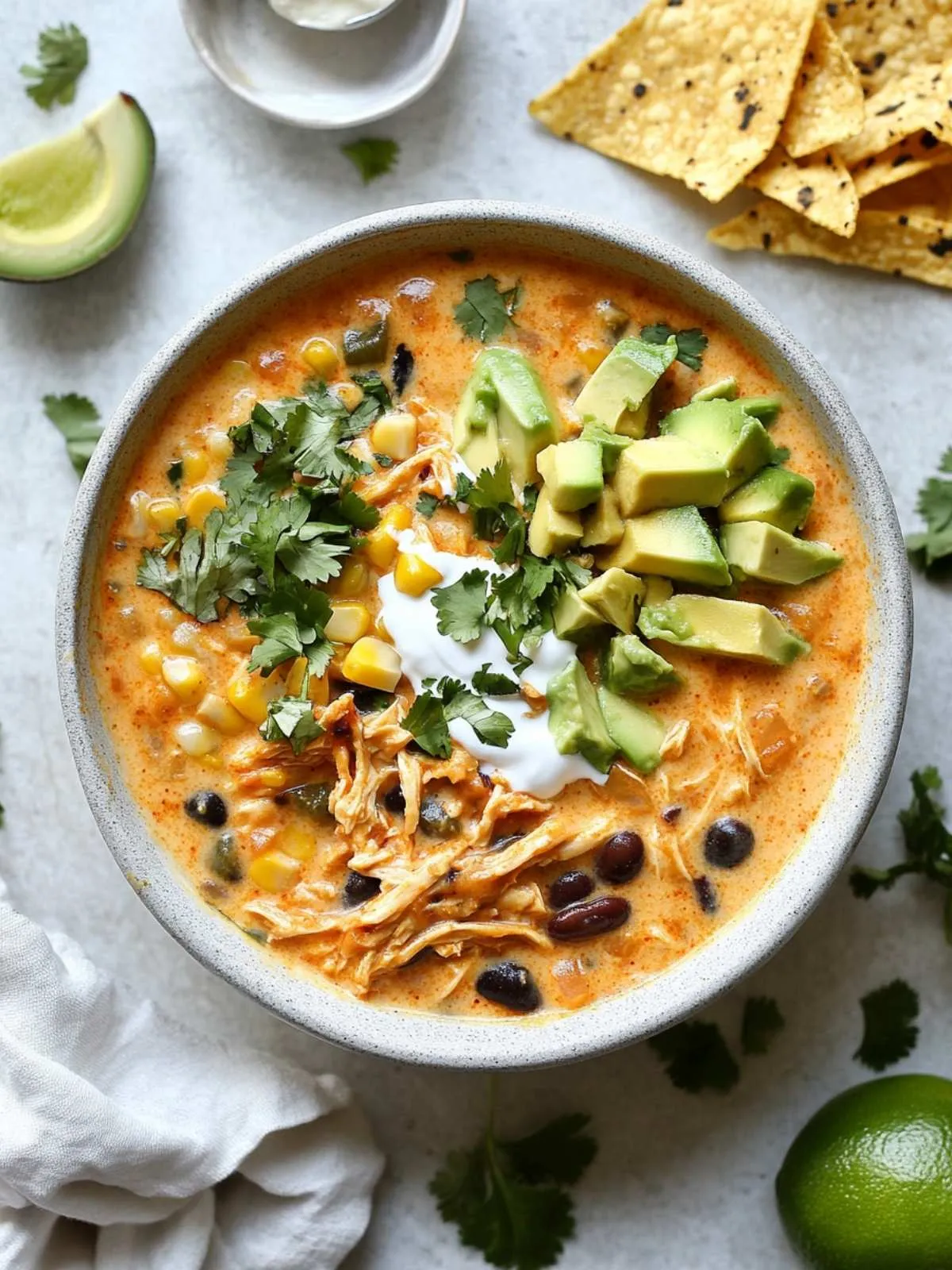 This creamy chicken enchilada soup is the kind of cozy meal you make when you want comfort without a lot of effort. It’s rich and creamy, packed with protein from chicken and beans, and loaded with veggies so it’s filling but not heavy. With bold Tex-Mex flavor and plenty of cheesy goodness, it always hits the spot — especially when served with crunchy tortilla chips for scooping.