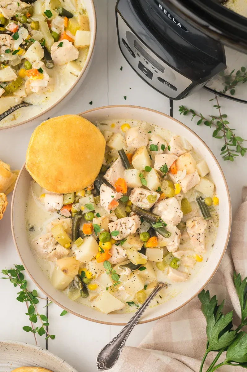 This crockpot chicken pot pie soup has all the cozy, comforting flavors of the classic dish, but in easy soup form. Tender chicken, hearty vegetables, and a rich, creamy broth simmer together all day, making it the perfect slow cooker meal for busy days when you want something warm and satisfying waiting for you.