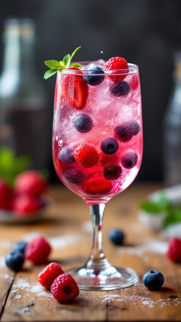 A refreshing Berry Blast Vodka Spritzer cocktail with strawberries and blueberries.