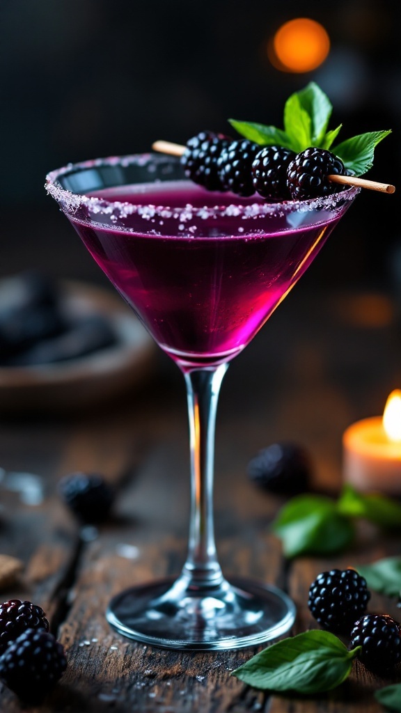 A close-up of a Blackberry Basil Martini garnished with blackberries and basil leaves