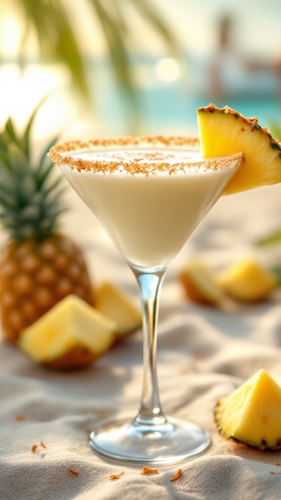 A Coconut Pineapple Martini garnished with a pineapple slice, surrounded by fresh pineapple pieces.