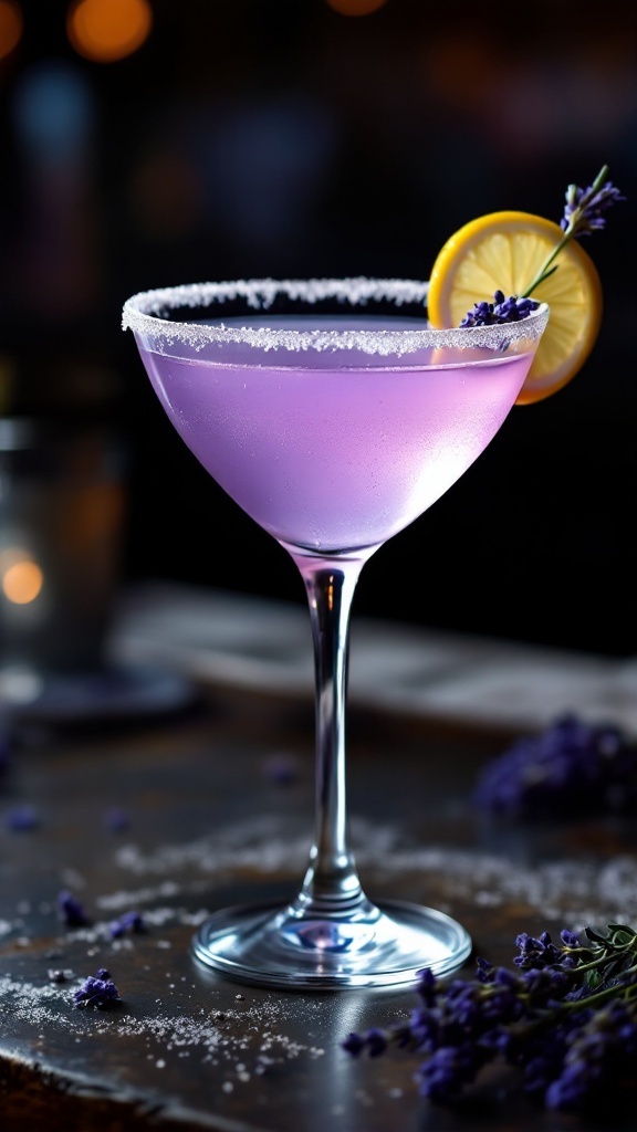 Lavender Lemon Drop Martini in a glass with a lemon slice and lavender garnish.