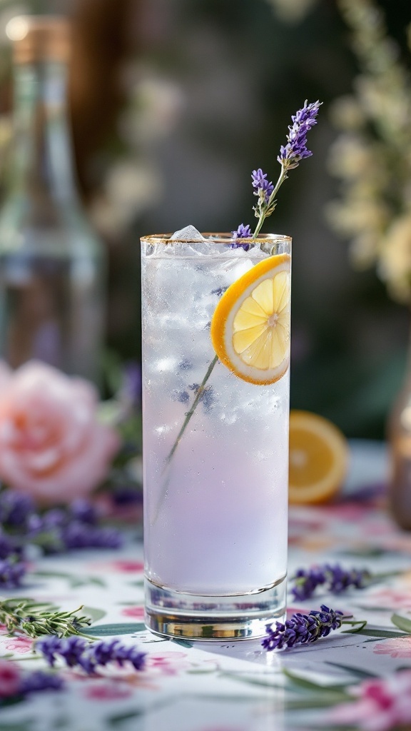 A refreshing Lavender Vodka Collins cocktail garnished with a slice of lemon and lavender sprig