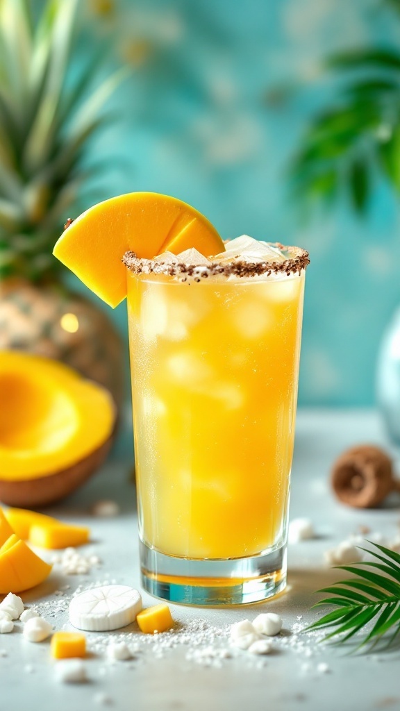 A refreshing mango and coconut vodka cocktail garnished with a slice of mango.