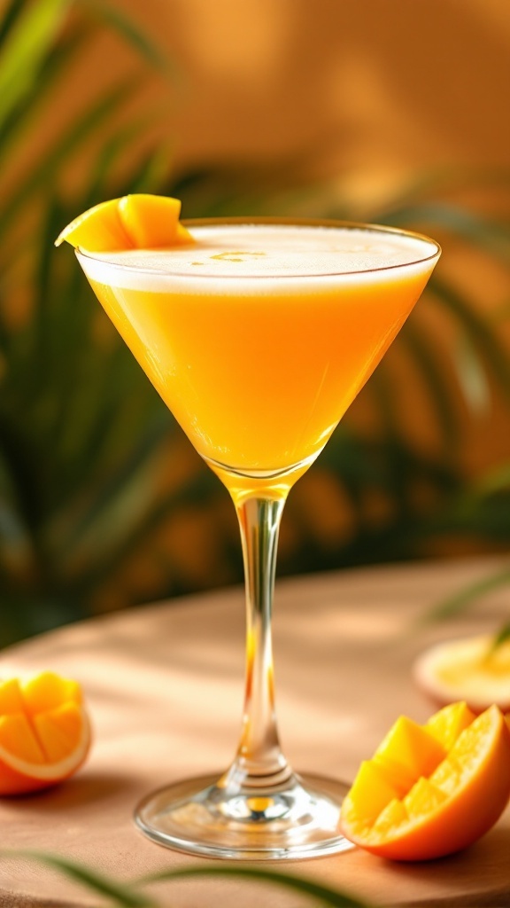 A vibrant Mango Passionfruit Martini garnished with a slice of mango.