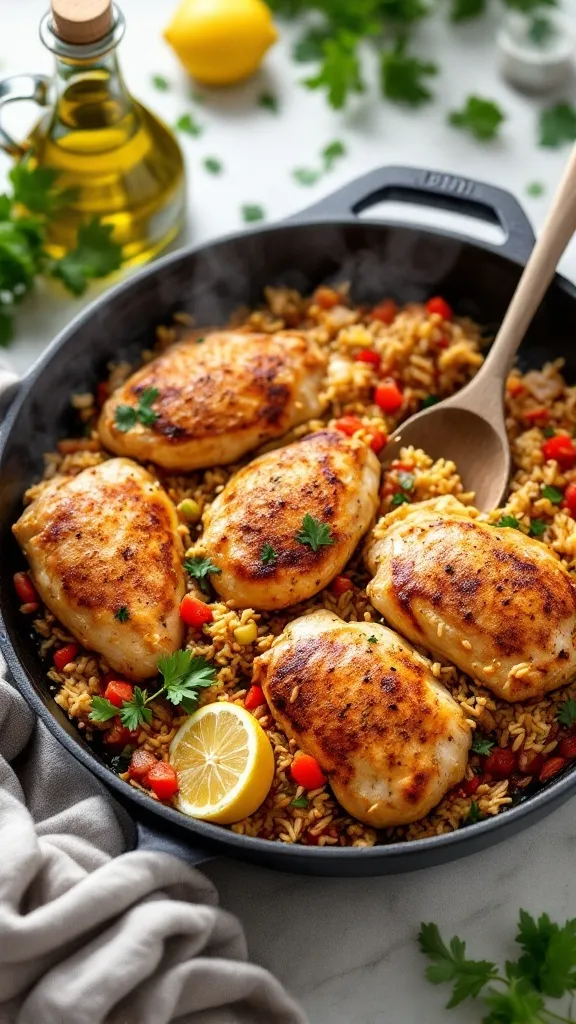 There’s something magical about a one-pot meal—especially when it’s as hearty and flavorful as this One Pot Chicken and Rice! Juicy, golden-crisp chicken thighs sit atop fluffy, seasoned rice, soaking up all the delicious flavors of garlic, tomatoes, onions, and bell peppers as it simmers to perfection.