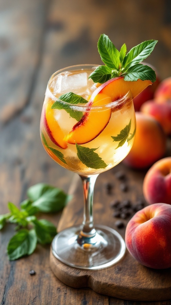 A cocktail made with peach slices and basil leaves in a glass.