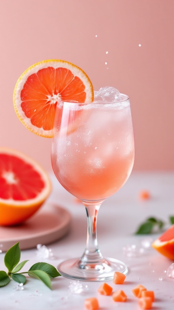 A refreshing Pink Grapefruit Vodka Fizz cocktail garnished with a grapefruit slice.