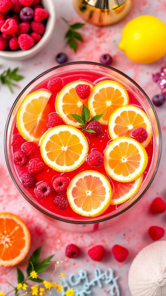 A vibrant bowl of Raspberry Lemon Vodka Punch garnished with lemon slices and fresh raspberries.