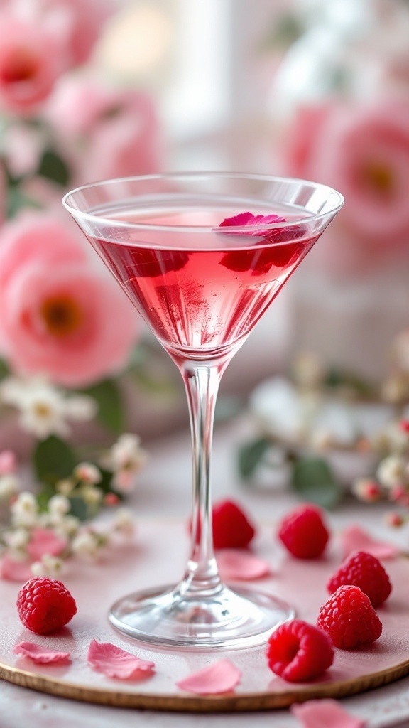 A vibrant Raspberry Rose Martini garnished with raspberries and rose petals, set against a soft pink floral background.