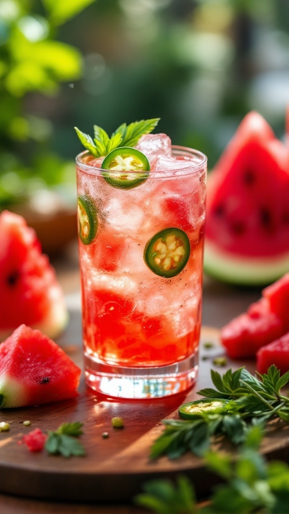 A vibrant Spicy Watermelon Vodka Cooler drink garnished with jalapeños and watermelon.