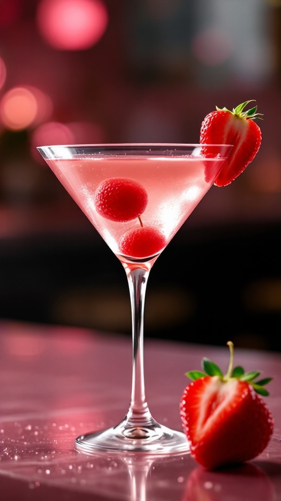 A strawberry lychee martini garnished with fresh strawberries