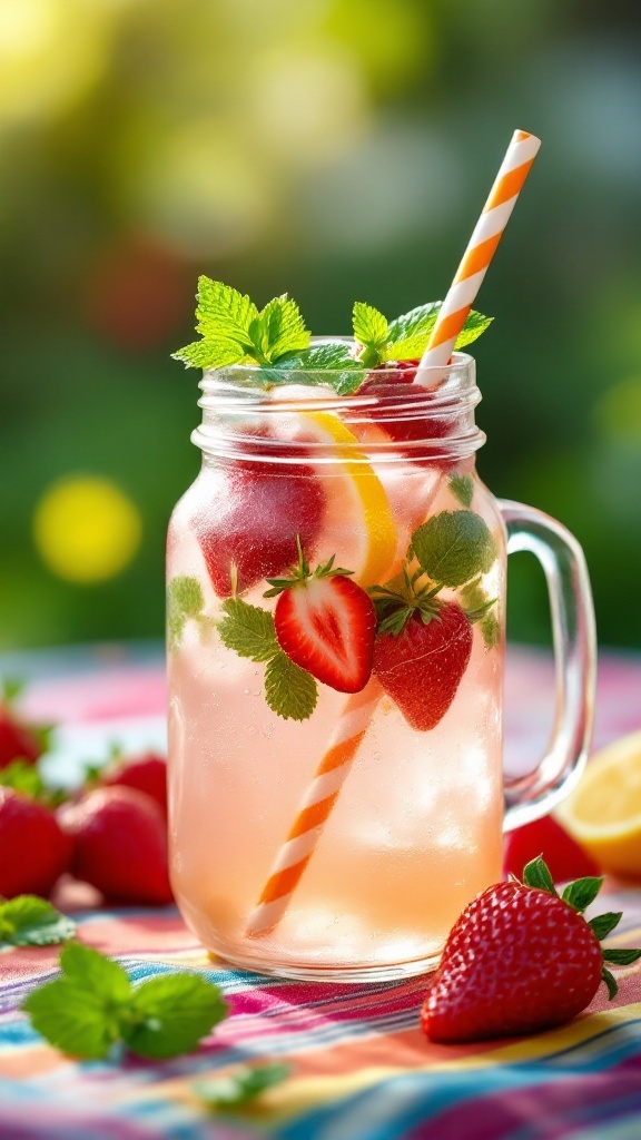 A refreshing strawberry vodka lemonade in a mason jar with a striped straw and fresh strawberries around it.