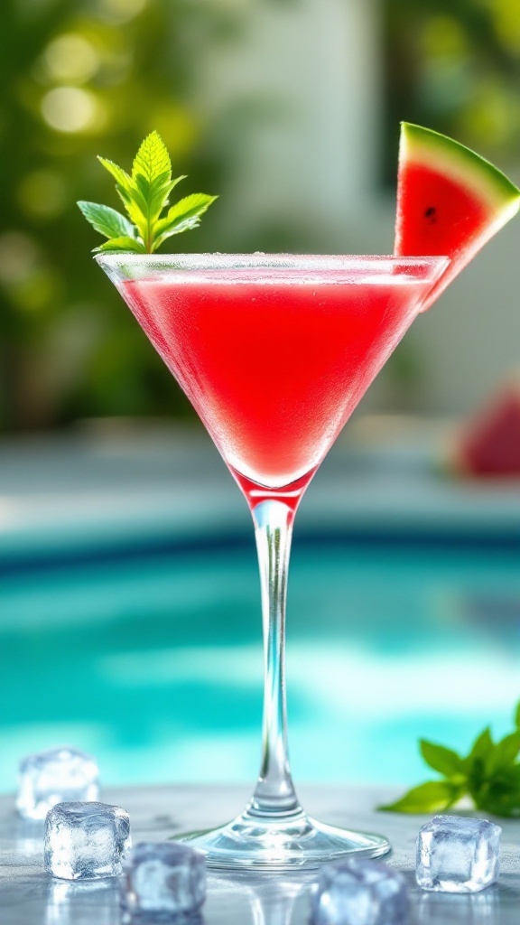 A vibrant Watermelon Mint Martini garnished with mint and a slice of watermelon